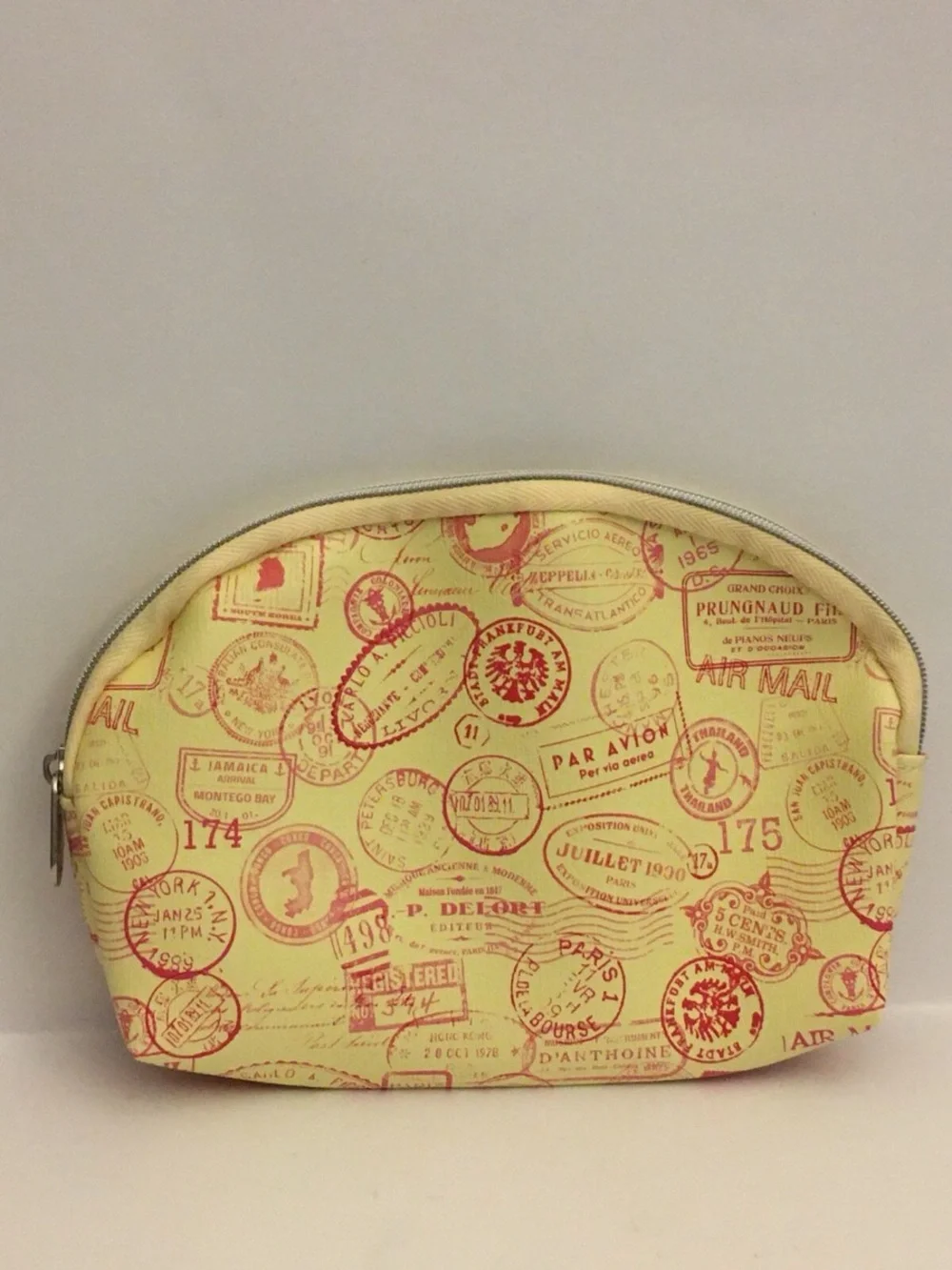Ipsy Travel Stamp Print Makeup Bag Cosmetic Pouch Orange Zip Toiletry Case